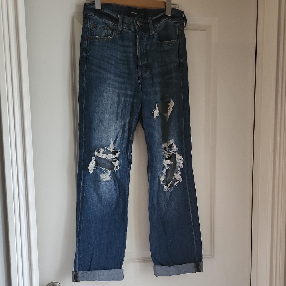 Aeropostale Women's 90s Baggy Relaxed Blue Distressed Jeans
